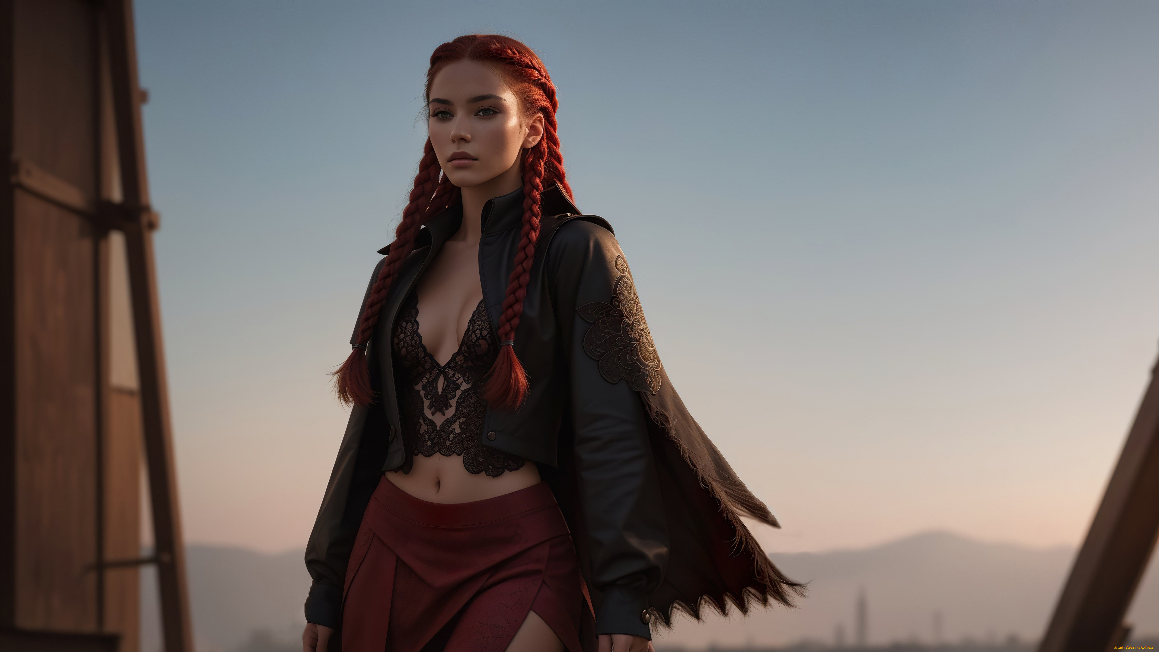, 3 ,  , fantasy, girl, red, hair, art, digital, jacket, leather